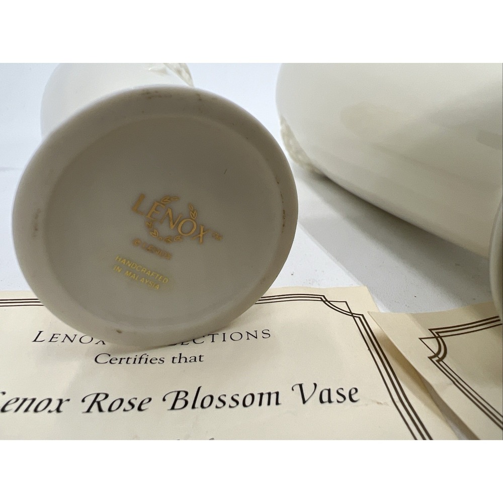 2 Lenox Ivory Rose Blossom 6" & 7.5" Tall Vase Raised Floral Detail & Gold Trim - Picture 7 of 7